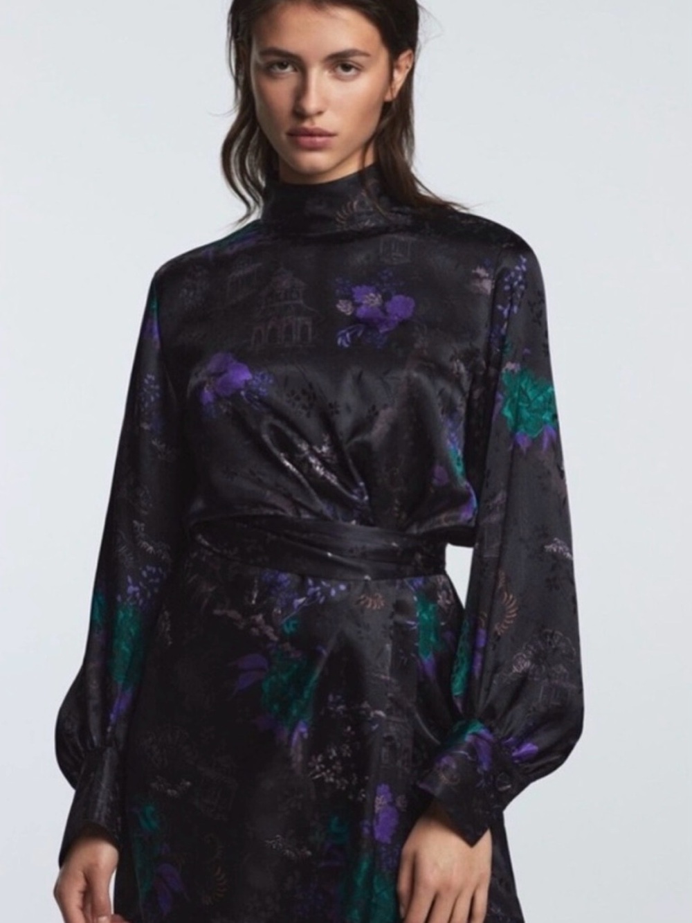 Zara Asian-inspired Black Floral Long Sleeve Dress with Tie Waist